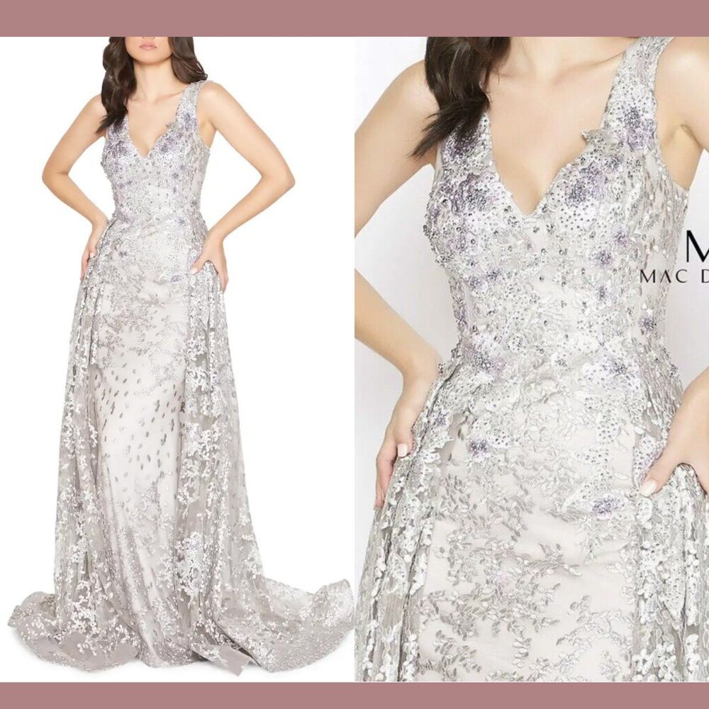 NWT $798 Mac Duggal [ 6 ] Beaded Floral Embroidered V Neck Gown w/ Overskirt J53